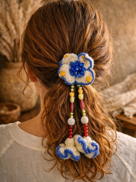 Gumka do włosów crochet wełniana z kwiatem boho – rękodzieło Peru