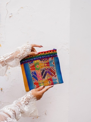 Saszetka/kopertówka ręcznie tkany materiał andyjski (100% wełna, vintage)